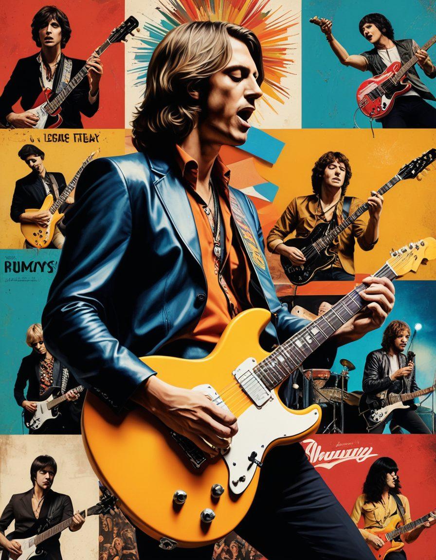 A dynamic collage of classic rock legends and modern indie rock bands, with vintage concert posters and album covers layered alongside vibrant photos of contemporary musicians performing live. Include elements like electric guitars, vinyl records, and a crowd of fans in a euphoric atmosphere. painting. vibrant colors. 3D elements.