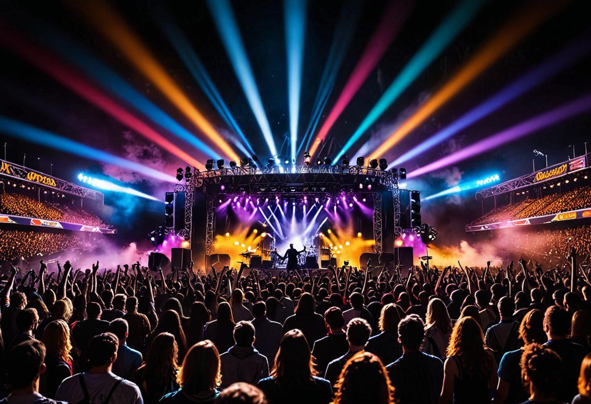 A dynamic scene capturing the essence of a live rock music festival, with an electrifying stage, roaring crowd, and vibrant lighting. Feature iconic rock instruments like electric guitars, drums, and amps, with a band passionately performing under colorful spotlights. Include elements of touring buses and exclusive backstage passes. super-realistic. vibrant colors.